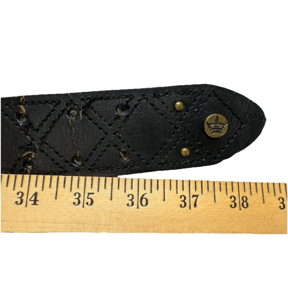 VTG Worn Studded Black Leather Belt Gold Color Buckle Sz 38